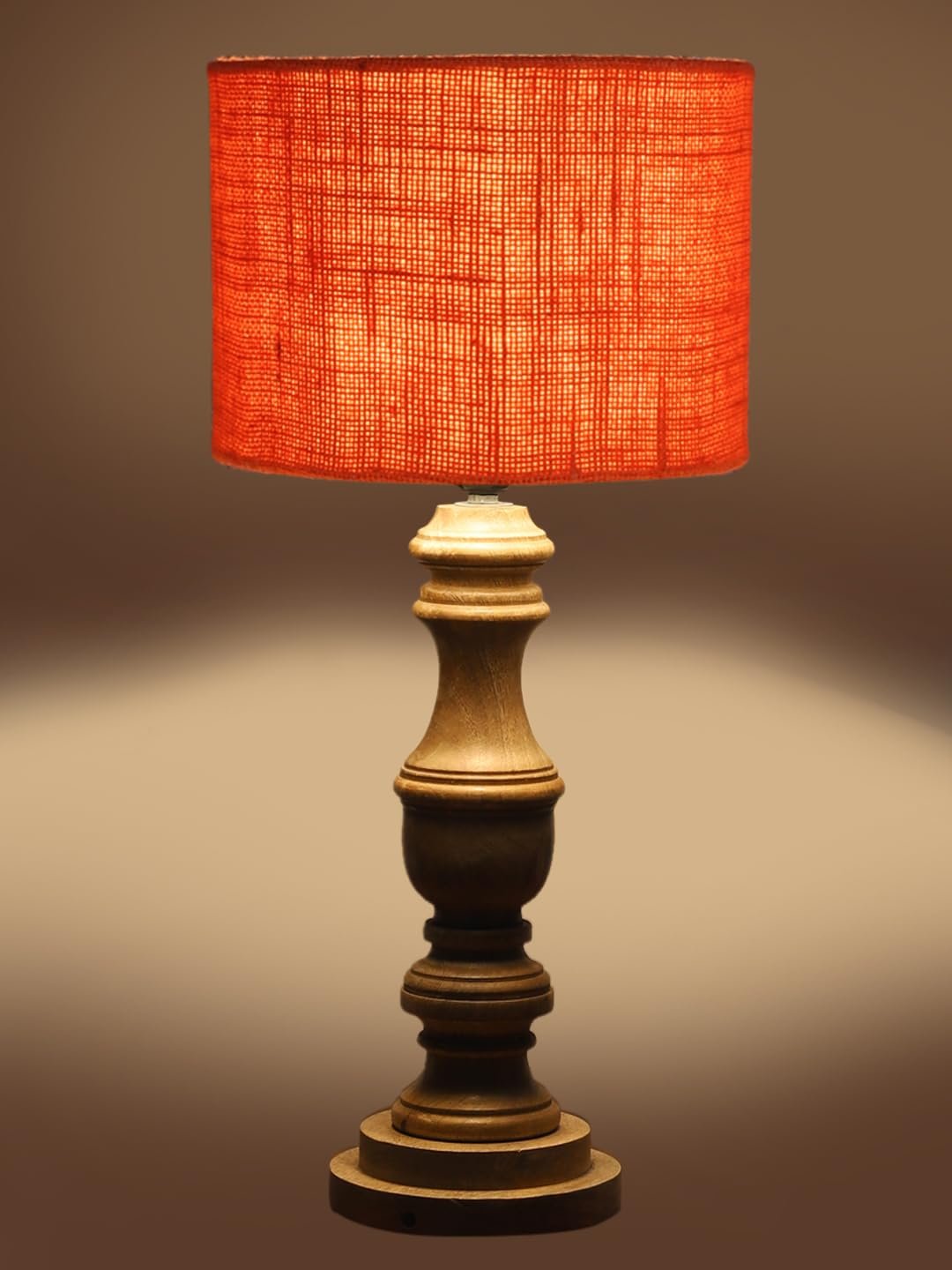 Orange Jute Shade Table Lamp with Wooden Base for Home Decor, Living Room, Bedroom, Lounge, Office, Festival Gifting, Study Table (Height - 17.5 Inches/Without Blub)