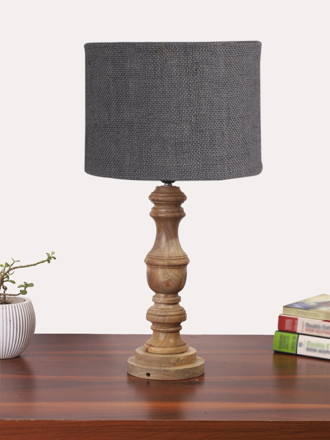 Grey Jute Shade Table Lamp with Wooden Base for Home Decor, Living Room, Bedroom, Lounge, Office, Festival Gifting, Study Table (Height - 17.5 Inches/Without Blub)