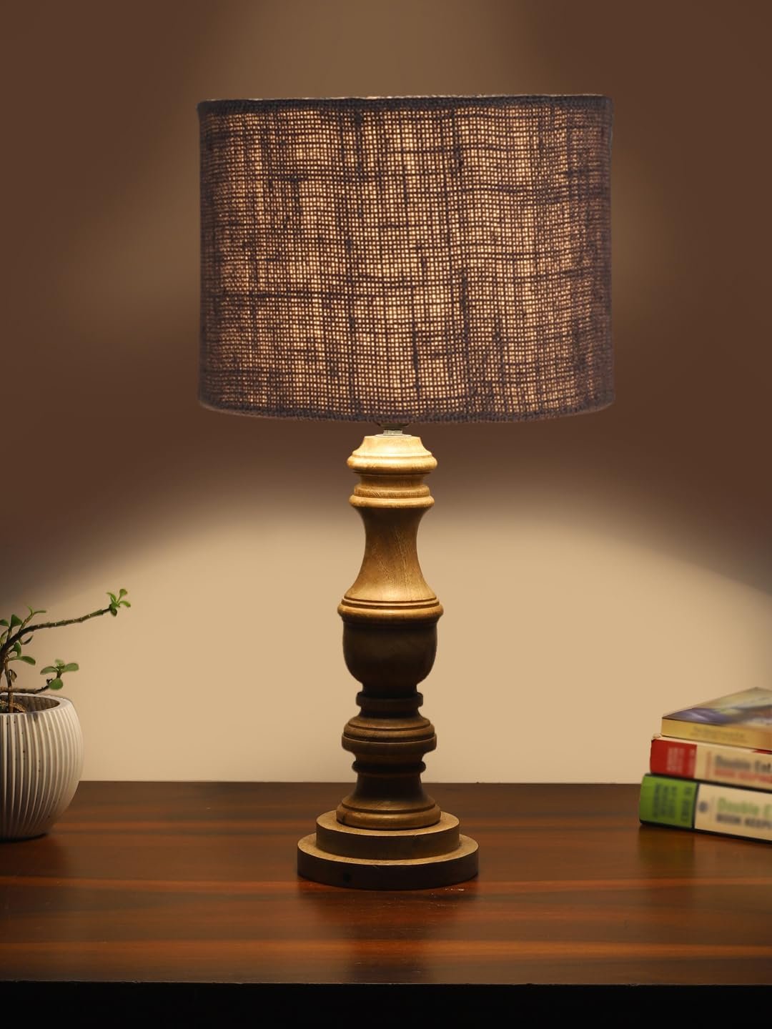 Grey Jute Shade Table Lamp with Wooden Base for Home Decor, Living Room, Bedroom, Lounge, Office, Festival Gifting, Study Table (Height - 17.5 Inches/Without Blub)