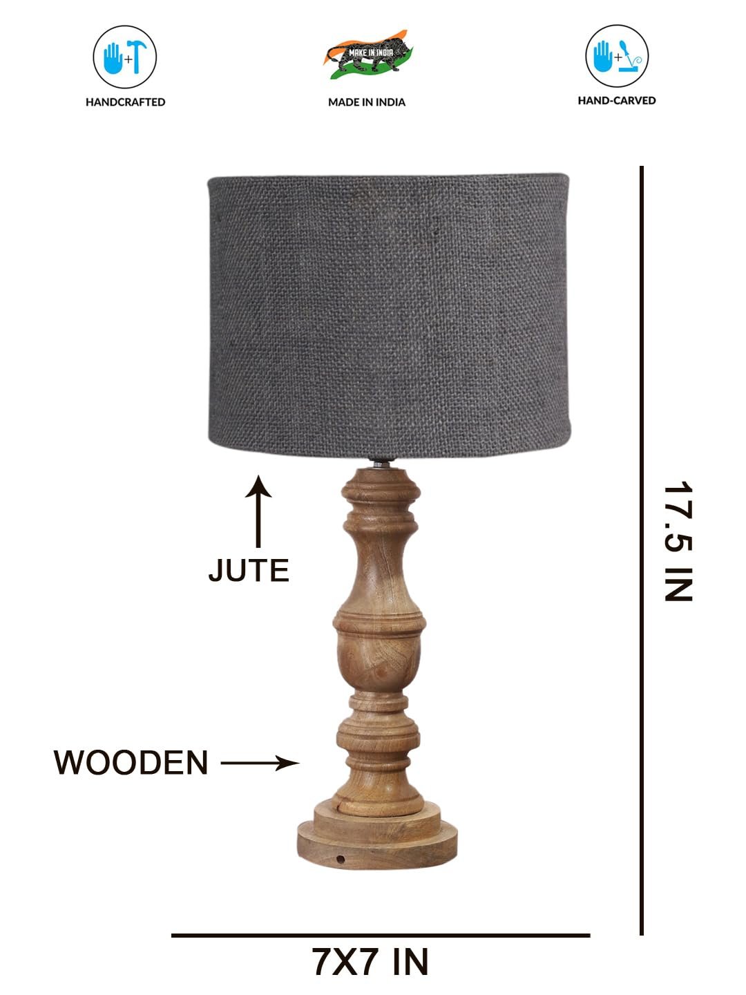 Grey Jute Shade Table Lamp with Wooden Base for Home Decor, Living Room, Bedroom, Lounge, Office, Festival Gifting, Study Table (Height - 17.5 Inches/Without Blub)