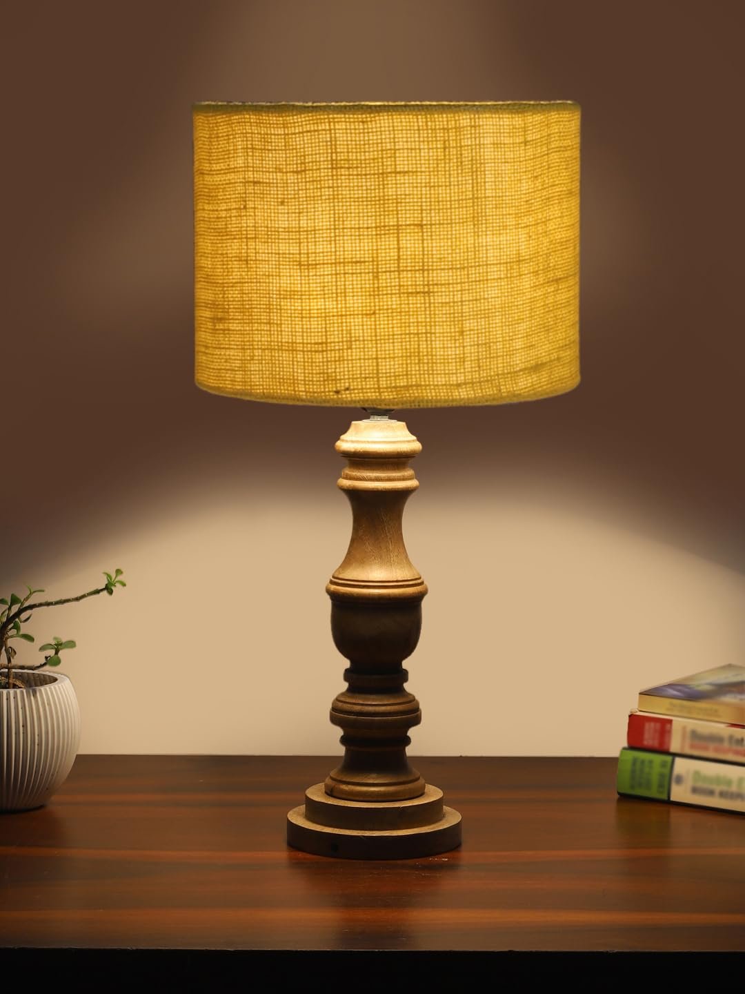 Yellow Jute Shade Table Lamp with Wooden Base for Home Decor, Living Room, Bedroom, Lounge, Office, Festival Gifting, Study Table (Height - 17.5 Inches/Without Blub)
