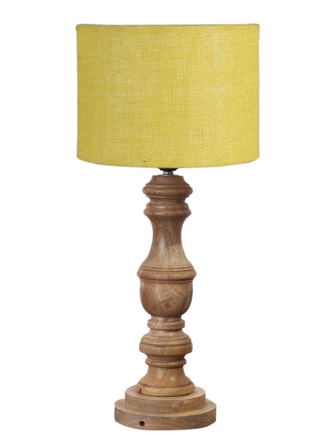 Yellow Jute Shade Table Lamp with Wooden Base for Home Decor, Living Room, Bedroom, Lounge, Office, Festival Gifting, Study Table (Height - 17.5 Inches/Without Blub)