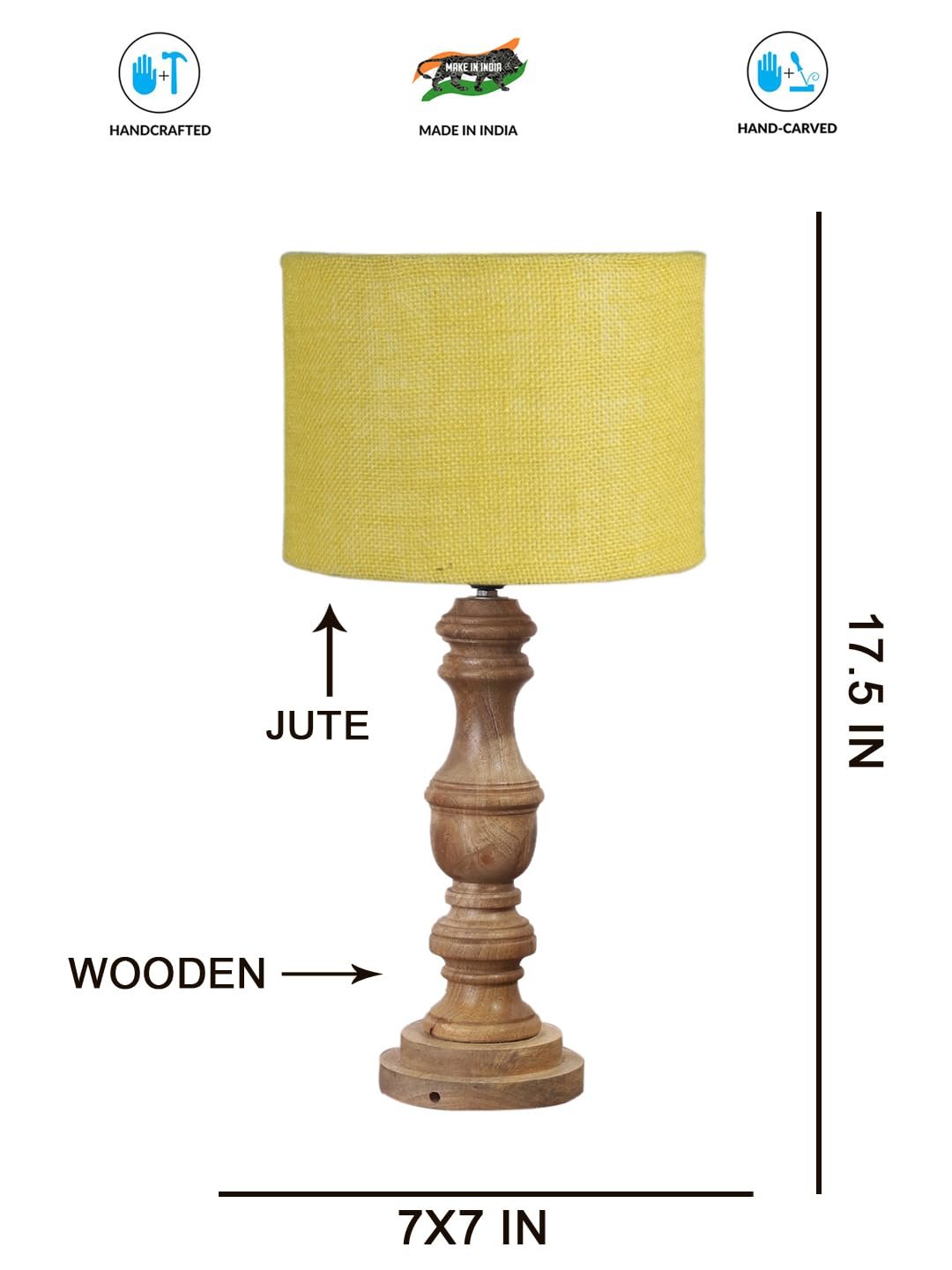 Yellow Jute Shade Table Lamp with Wooden Base for Home Decor, Living Room, Bedroom, Lounge, Office, Festival Gifting, Study Table (Height - 17.5 Inches/Without Blub)
