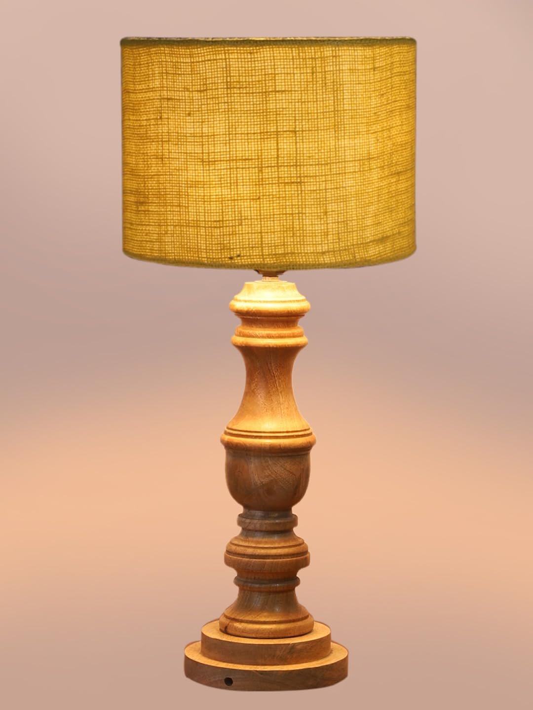 Yellow Jute Shade Table Lamp with Wooden Base for Home Decor, Living Room, Bedroom, Lounge, Office, Festival Gifting, Study Table (Height - 17.5 Inches/Without Blub)
