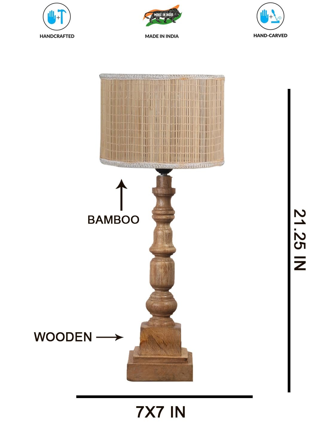 Bamboo Table Lamp with Wooden Natural Base - Height 21.25 Inches/Without Bulb | for Living Room, Bedroom Decoration, Home Decor, Gifting | Decorative Bedside & Desk Table Lamp