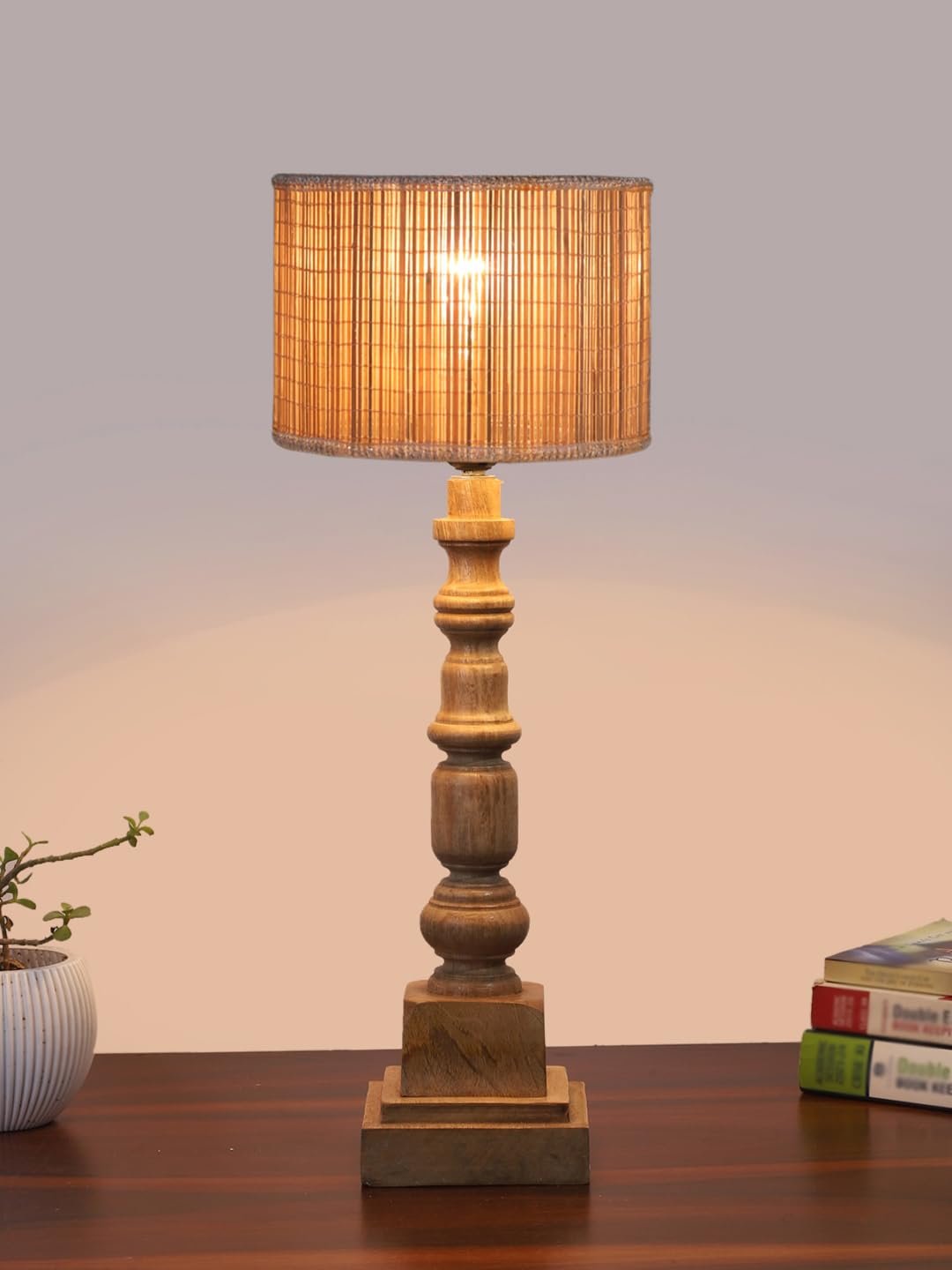 Bamboo Table Lamp with Wooden Natural Base - Height 21.25 Inches/Without Bulb | for Living Room, Bedroom Decoration, Home Decor, Gifting | Decorative Bedside & Desk Table Lamp