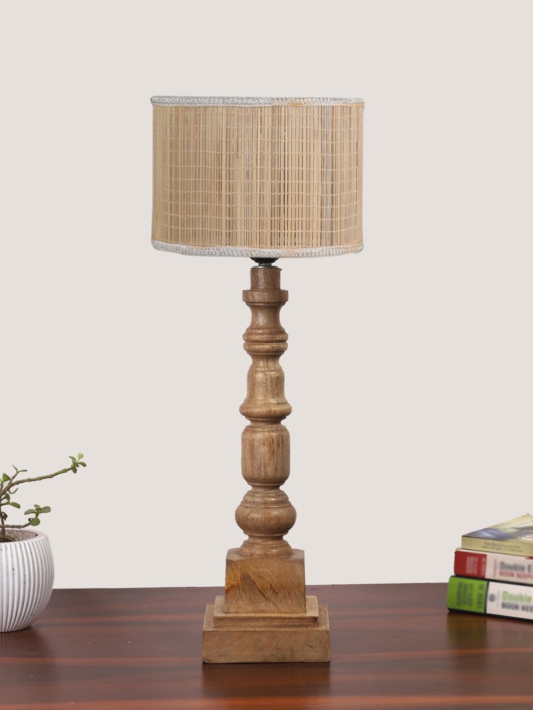 Bamboo Table Lamp with Wooden Natural Base - Height 21.25 Inches/Without Bulb | for Living Room, Bedroom Decoration, Home Decor, Gifting | Decorative Bedside & Desk Table Lamp