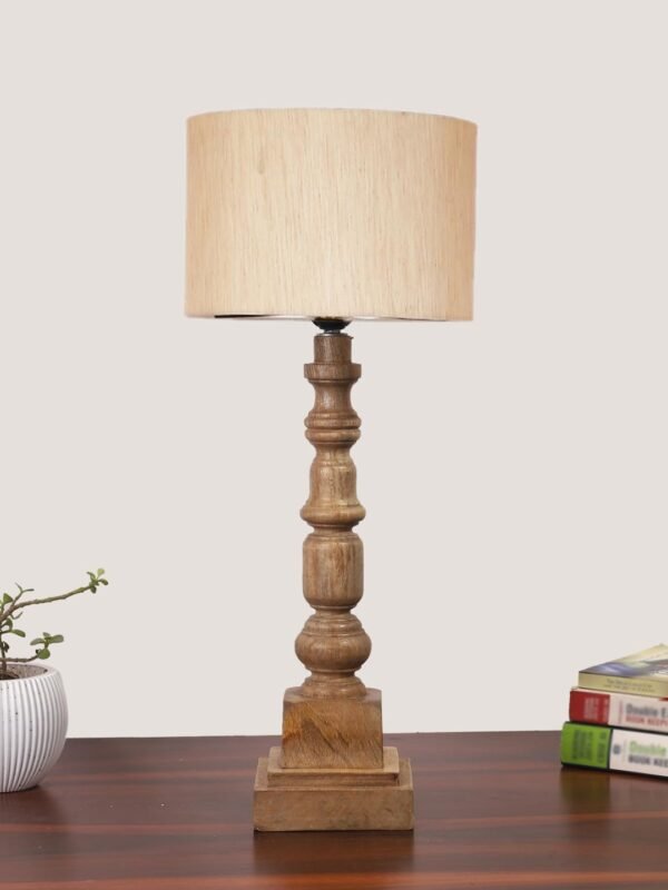 Off White Cotton Shade Table Lamp with Wooden Natural Base – Height 21.25 Inches/Without Bulb | for Living Room, Bedroom Decoration, Home Decor, Gifting | Decorative Bedside & Desk Table Lamp