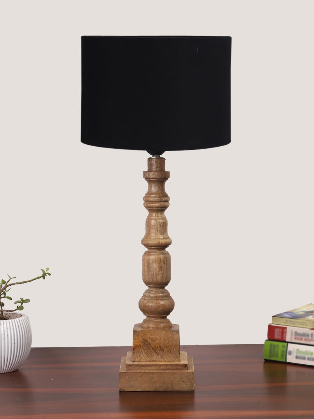 Black Cotton Shade Table Lamp with Wooden Natural Base - Height 21.25 Inches/Without Bulb | for Living Room, Bedroom Decoration, Home Decor, Gifting | Decorative Bedside & Desk Table Lamp