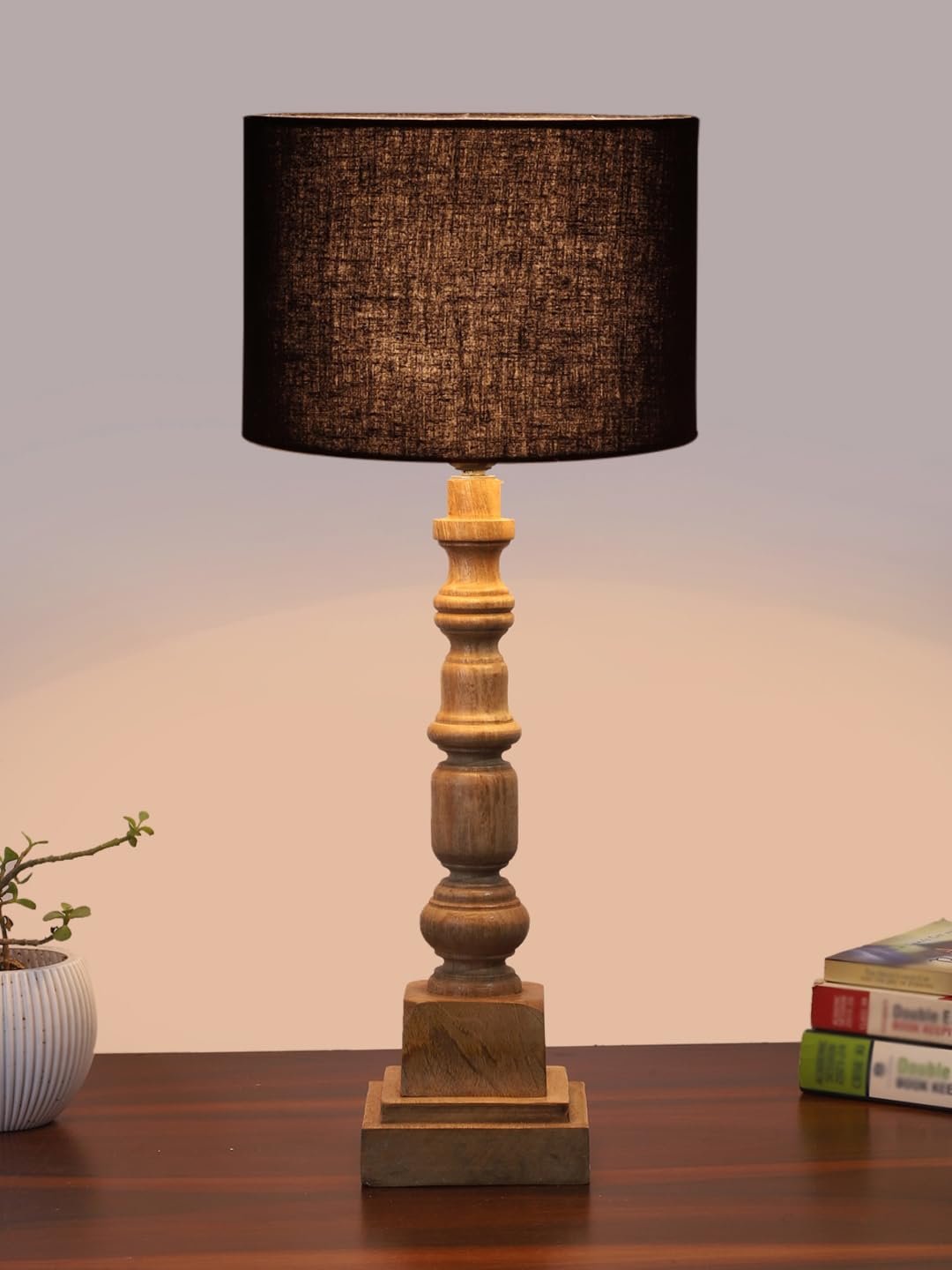 Black Cotton Shade Table Lamp with Wooden Natural Base - Height 21.25 Inches/Without Bulb | for Living Room, Bedroom Decoration, Home Decor, Gifting | Decorative Bedside & Desk Table Lamp