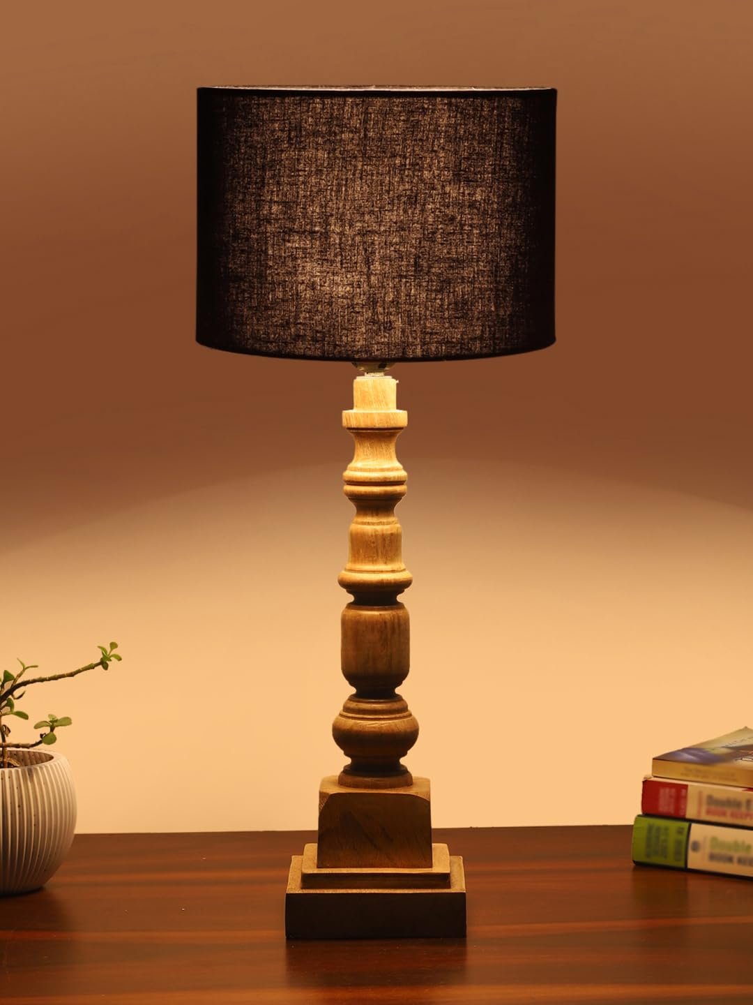 Black Cotton Shade Table Lamp with Wooden Natural Base - Height 21.25 Inches/Without Bulb | for Living Room, Bedroom Decoration, Home Decor, Gifting | Decorative Bedside & Desk Table Lamp