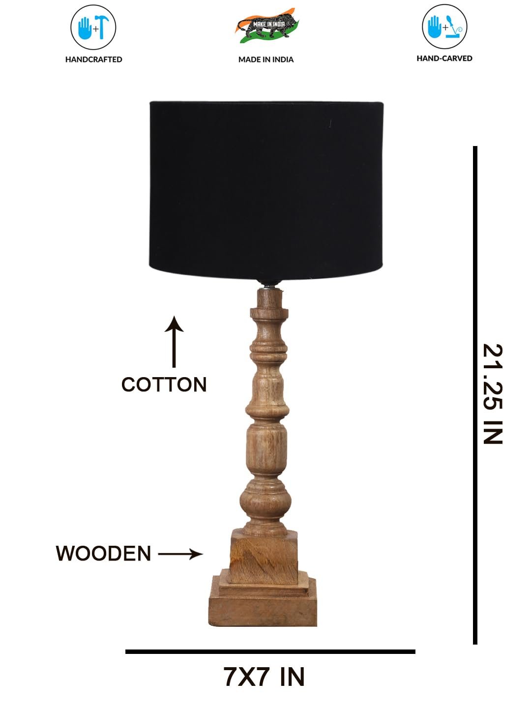 Black Cotton Shade Table Lamp with Wooden Natural Base - Height 21.25 Inches/Without Bulb | for Living Room, Bedroom Decoration, Home Decor, Gifting | Decorative Bedside & Desk Table Lamp