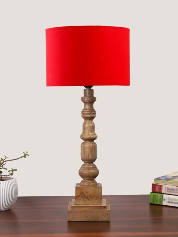 Red Cotton Shade Table Lamp with Wooden Natural Base – Height 21.25 Inches/Without Bulb | for Living Room, Bedroom Decoration, Home Decor, Gifting | Decorative Bedside & Desk Table Lamp