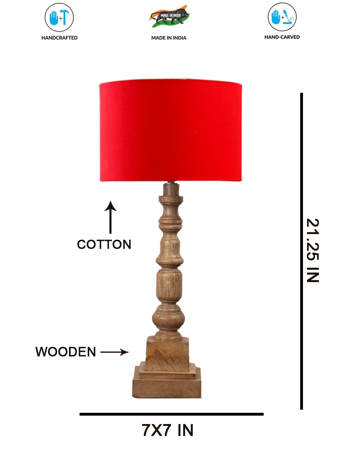 Red Cotton Shade Table Lamp with Wooden Natural Base - Height 21.25 Inches/Without Bulb | for Living Room, Bedroom Decoration, Home Decor, Gifting | Decorative Bedside & Desk Table Lamp