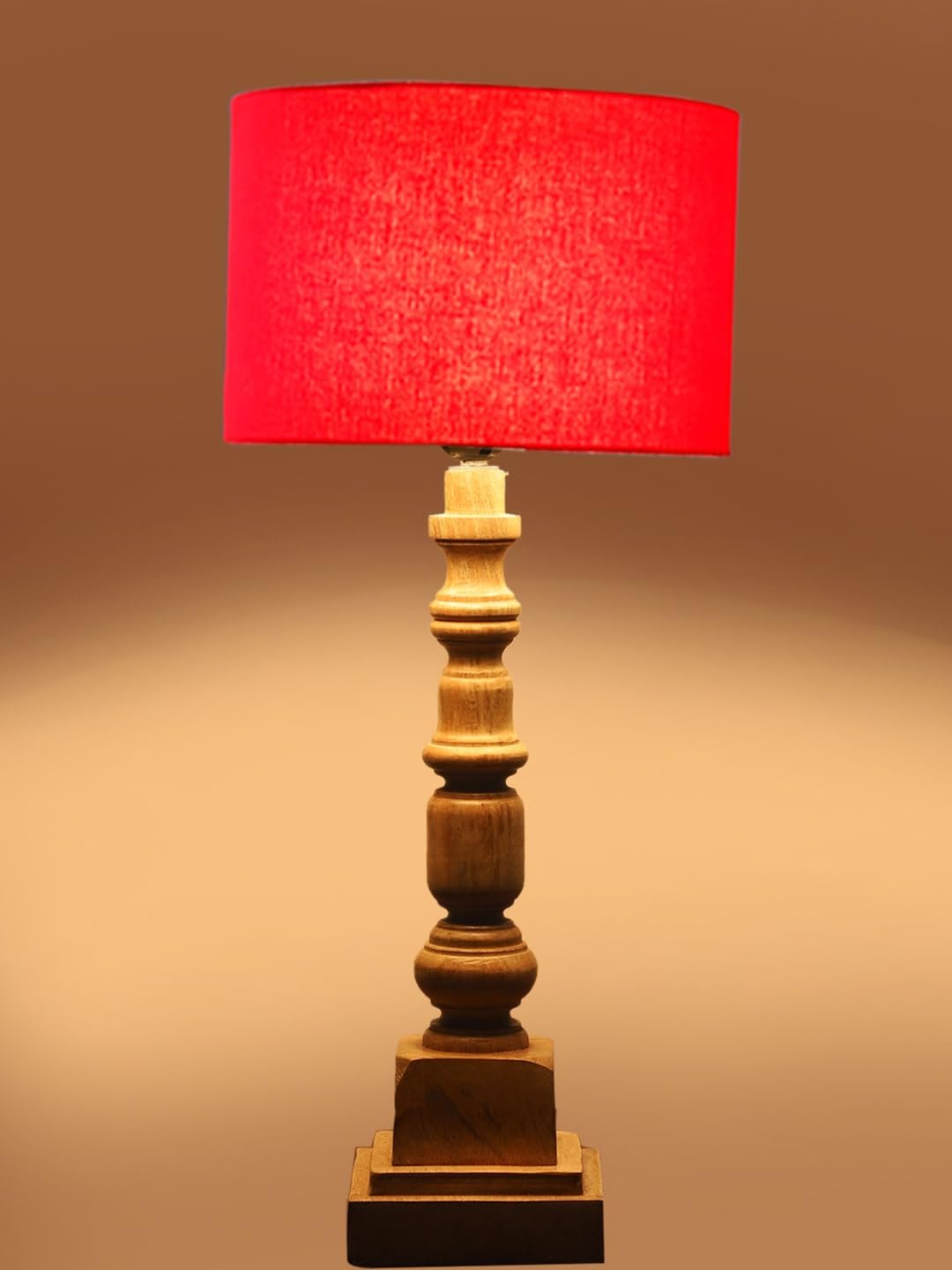 Red Cotton Shade Table Lamp with Wooden Natural Base - Height 21.25 Inches/Without Bulb | for Living Room, Bedroom Decoration, Home Decor, Gifting | Decorative Bedside & Desk Table Lamp