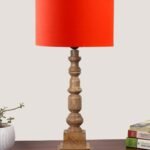 Orange Cotton Shade Table Lamp with Wooden Natural Base – Height 21.25 Inches/Without Bulb | for Living Room, Bedroom Decoration, Home Decor, Gifting | Decorative Bedside & Desk Table Lamp