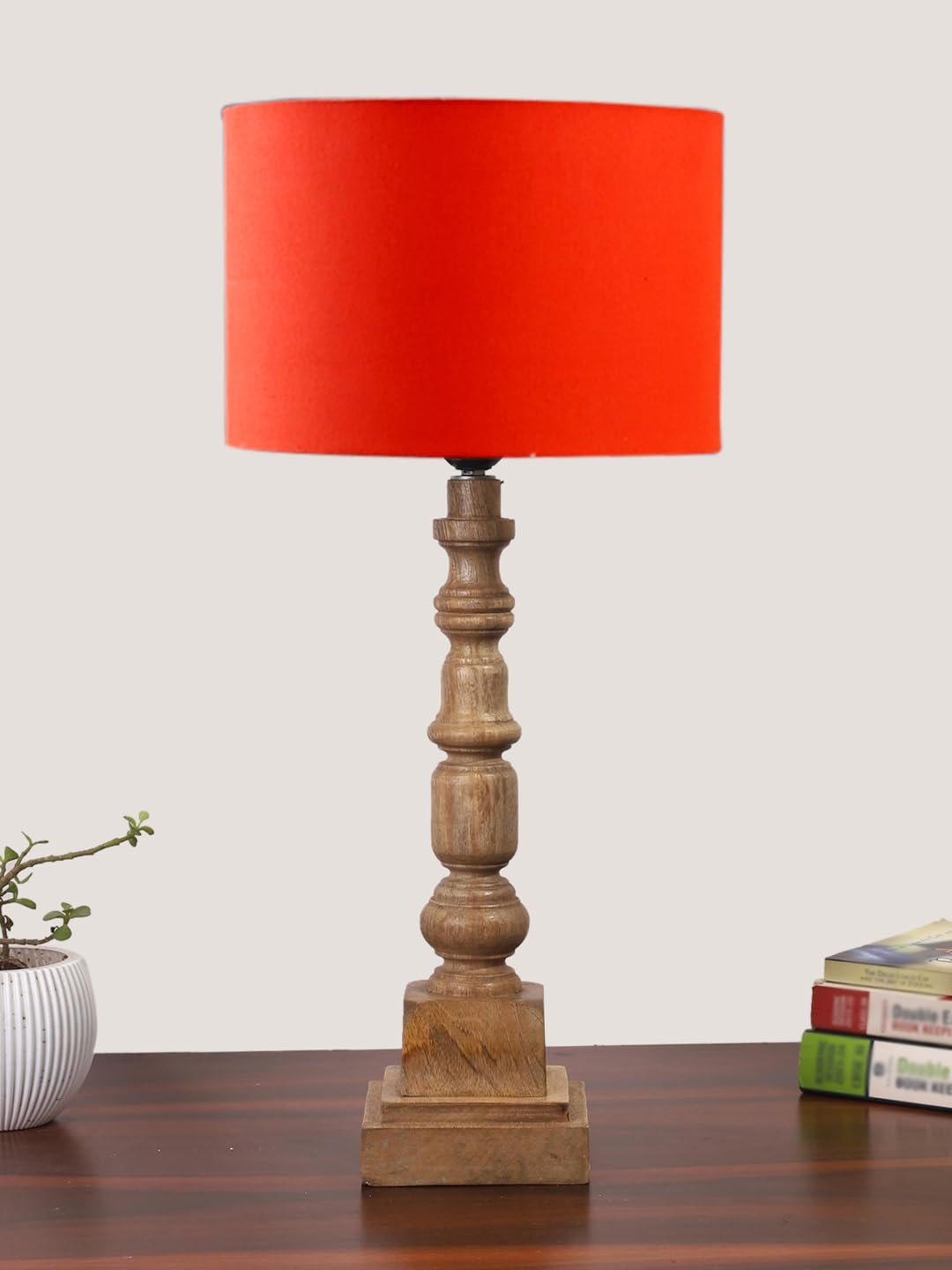 Orange Cotton Shade Table Lamp with Wooden Natural Base - Height 21.25 Inches/Without Bulb | for Living Room, Bedroom Decoration, Home Decor, Gifting | Decorative Bedside & Desk Table Lamp
