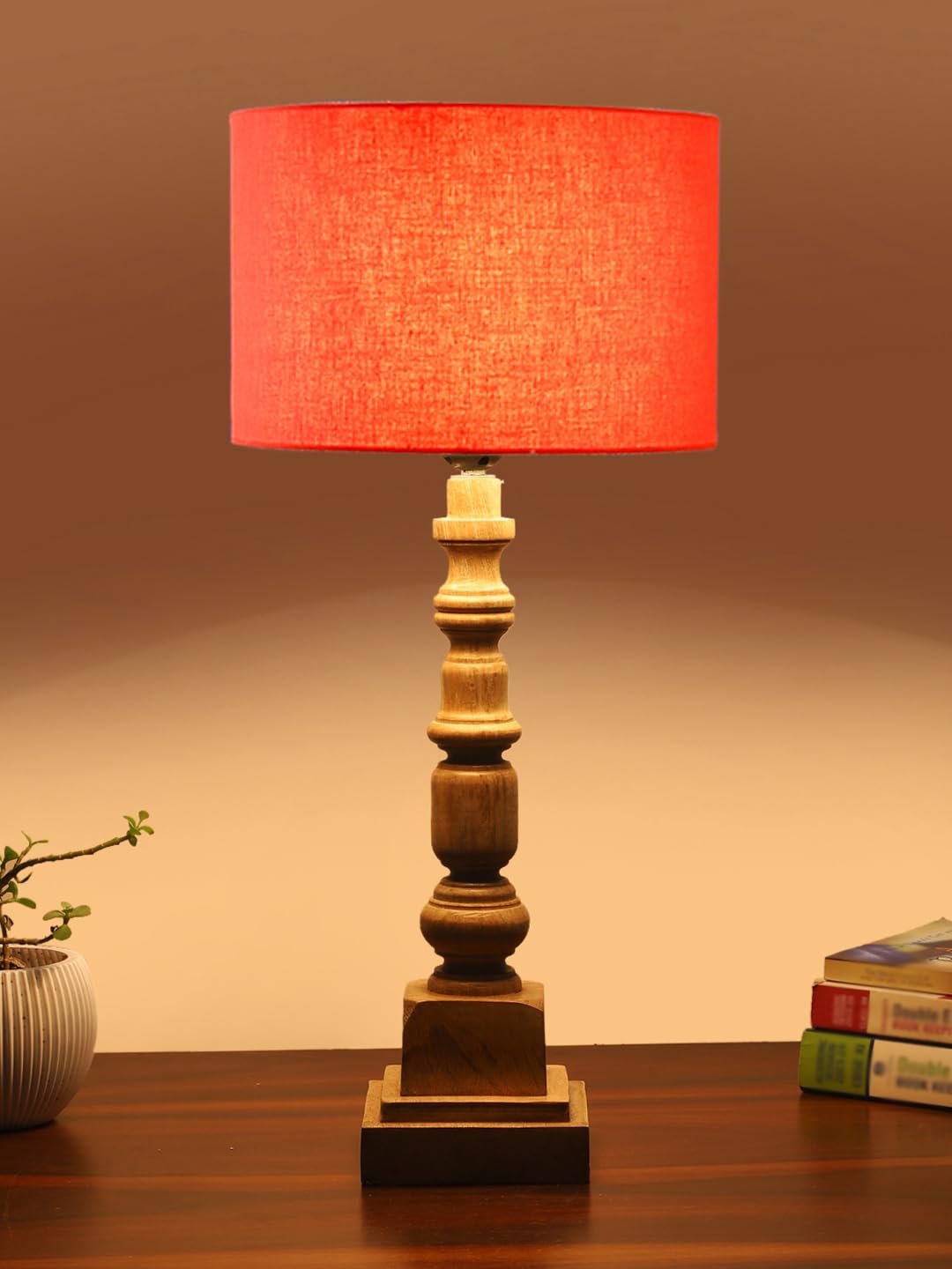 Orange Cotton Shade Table Lamp with Wooden Natural Base - Height 21.25 Inches/Without Bulb | for Living Room, Bedroom Decoration, Home Decor, Gifting | Decorative Bedside & Desk Table Lamp