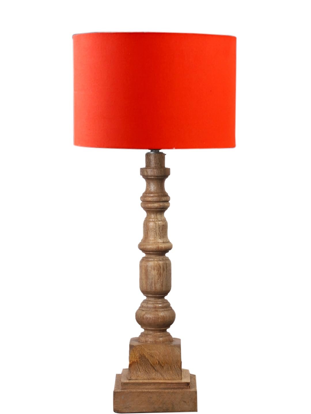 Orange Cotton Shade Table Lamp with Wooden Natural Base - Height 21.25 Inches/Without Bulb | for Living Room, Bedroom Decoration, Home Decor, Gifting | Decorative Bedside & Desk Table Lamp