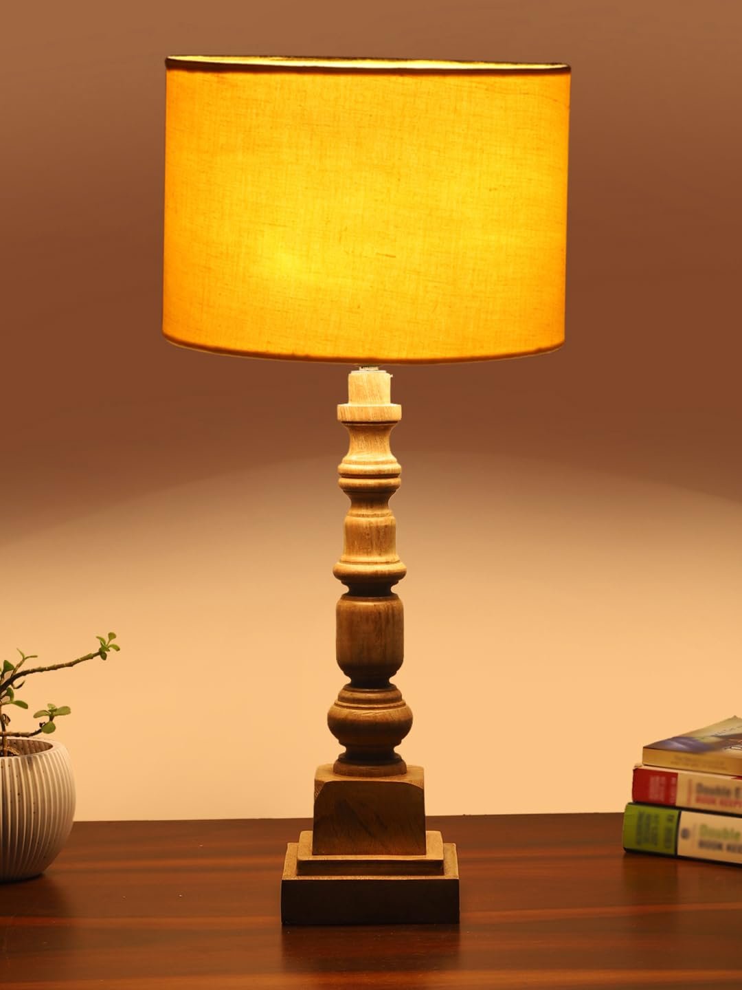 Yellow Cotton Shade Table Lamp with Wooden Natural Base - Height 21.25 Inches/Without Bulb | for Living Room, Bedroom Decoration, Home Decor, Gifting | Decorative Bedside & Desk Table Lamp