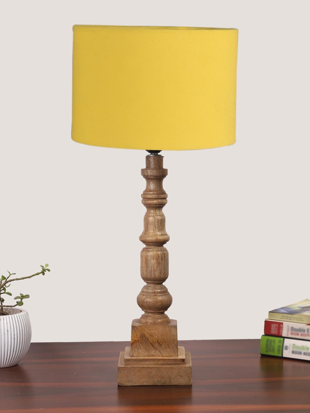 Yellow Cotton Shade Table Lamp with Wooden Natural Base - Height 21.25 Inches/Without Bulb | for Living Room, Bedroom Decoration, Home Decor, Gifting | Decorative Bedside & Desk Table Lamp