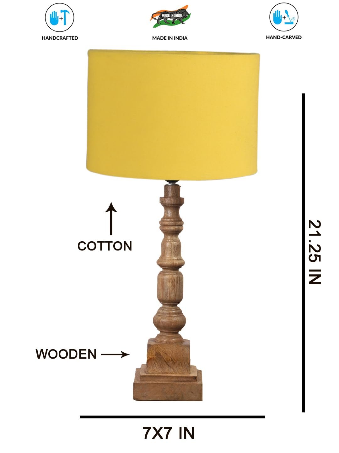 Yellow Cotton Shade Table Lamp with Wooden Natural Base - Height 21.25 Inches/Without Bulb | for Living Room, Bedroom Decoration, Home Decor, Gifting | Decorative Bedside & Desk Table Lamp
