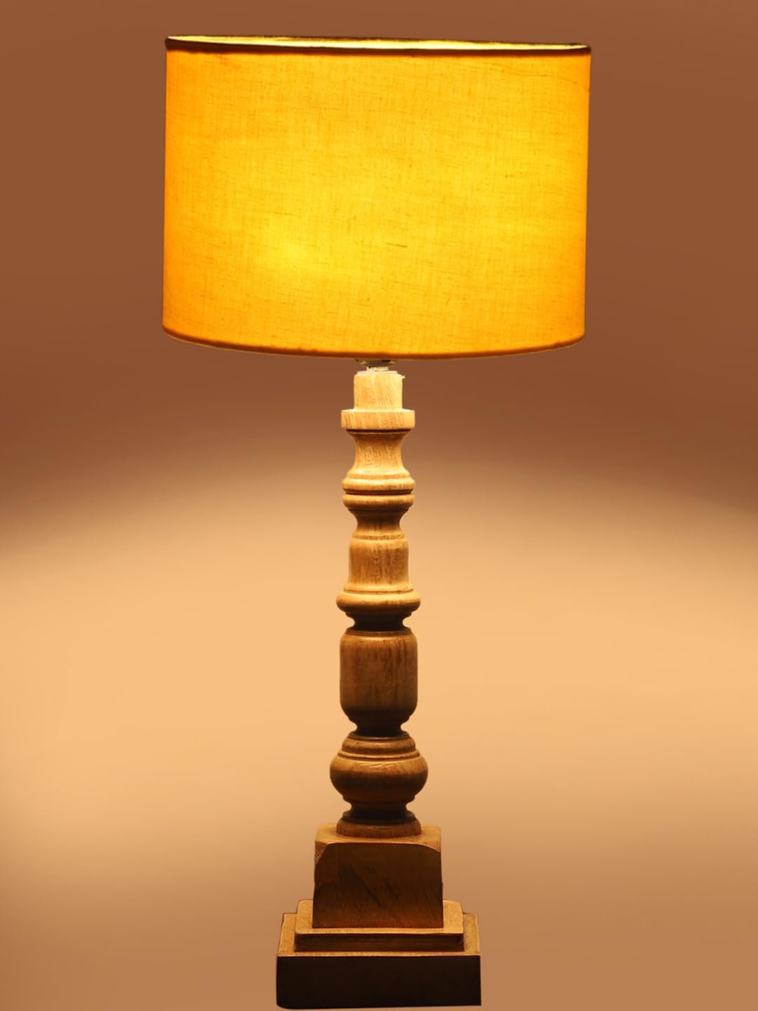 Yellow Cotton Shade Table Lamp with Wooden Natural Base - Height 21.25 Inches/Without Bulb | for Living Room, Bedroom Decoration, Home Decor, Gifting | Decorative Bedside & Desk Table Lamp