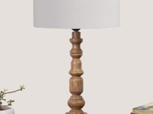 Grey Cotton Shade Table Lamp with Wooden Natural Base – Height 21.25 Inches/Without Bulb | for Living Room, Bedroom Decoration, Home Decor, Gifting | Decorative Bedside & Desk Table Lamp
