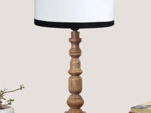 Cotton Shade Table Lamp with Wooden Natural Base – Height 21.25 Inches/Without Bulb | for Living Room, Bedroom, Home Decor, Gifting | Decorative Bedside & Desk Table Lamp | White & Black