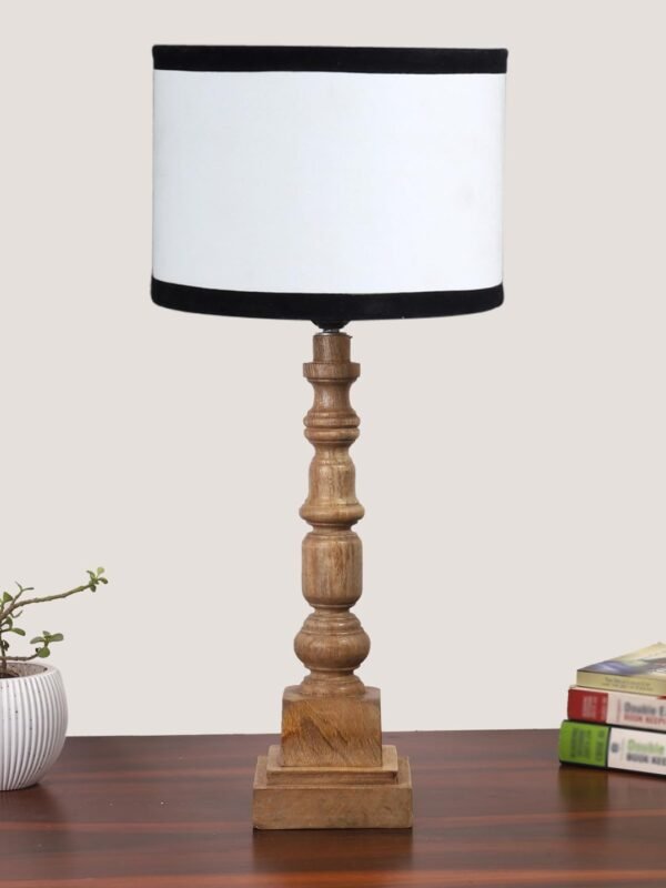 Cotton Shade Table Lamp with Wooden Natural Base – Height 21.25 Inches/Without Bulb | for Living Room, Bedroom, Home Decor, Gifting | Decorative Bedside & Desk Table Lamp | White & Black