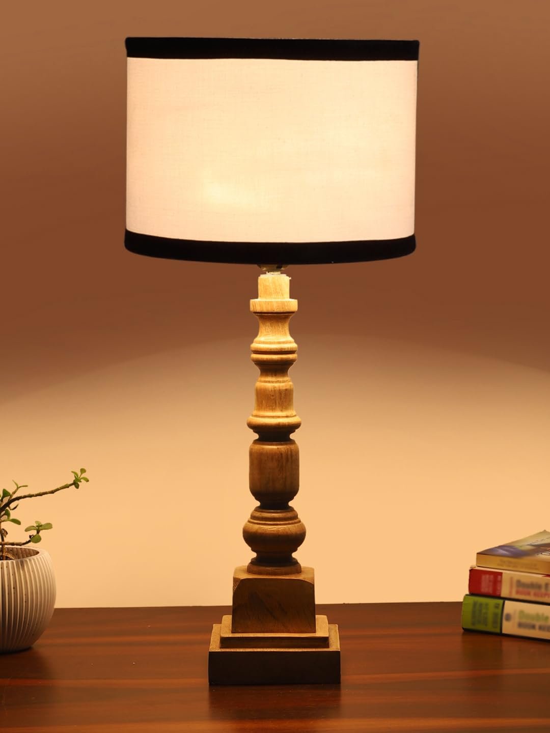 Cotton Shade Table Lamp with Wooden Natural Base - Height 21.25 Inches/Without Bulb | for Living Room, Bedroom, Home Decor, Gifting | Decorative Bedside & Desk Table Lamp | White & Black