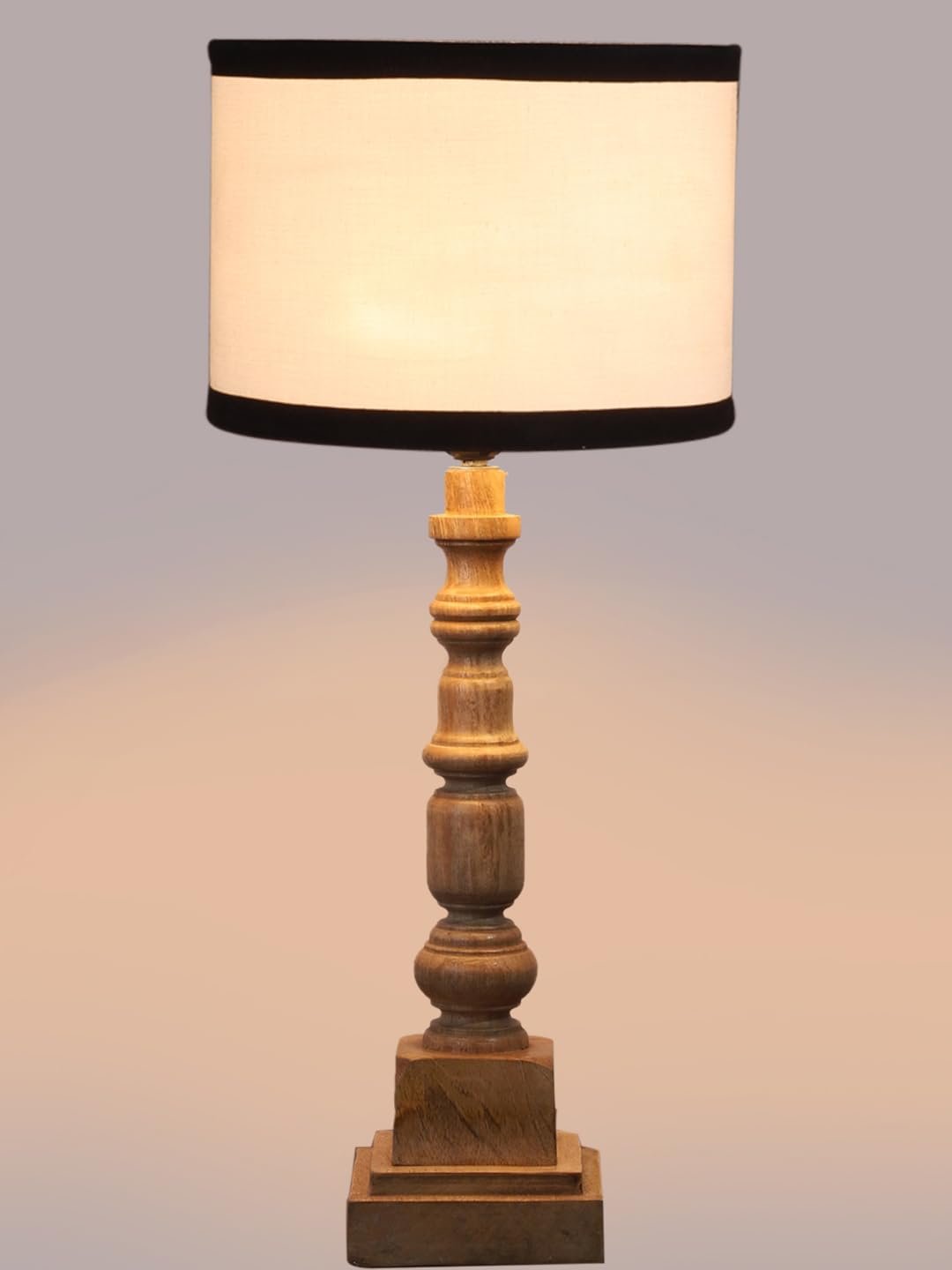 Cotton Shade Table Lamp with Wooden Natural Base - Height 21.25 Inches/Without Bulb | for Living Room, Bedroom, Home Decor, Gifting | Decorative Bedside & Desk Table Lamp | White & Black