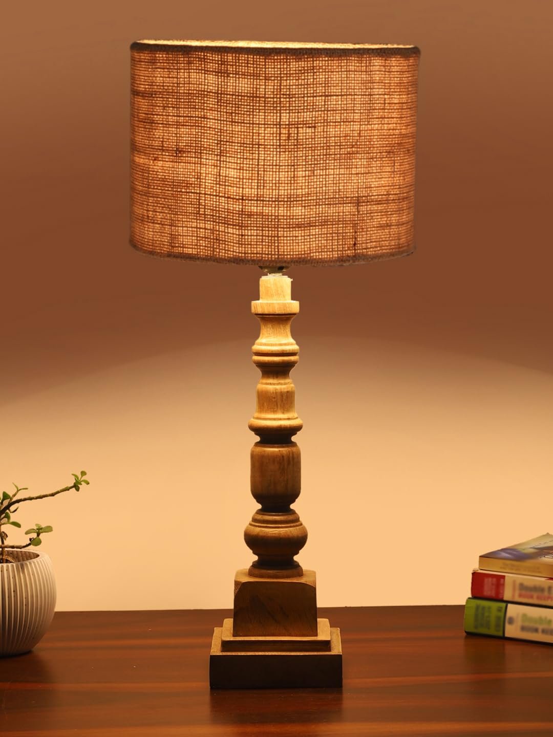 Beige Jute Table Lamp with Wooden Natural Base - Height 21.25 Inches/Without Bulb | for Living Room, Bedroom Decoration, Home Decor, Gifting | Decorative Bedside & Desk Table Lamp
