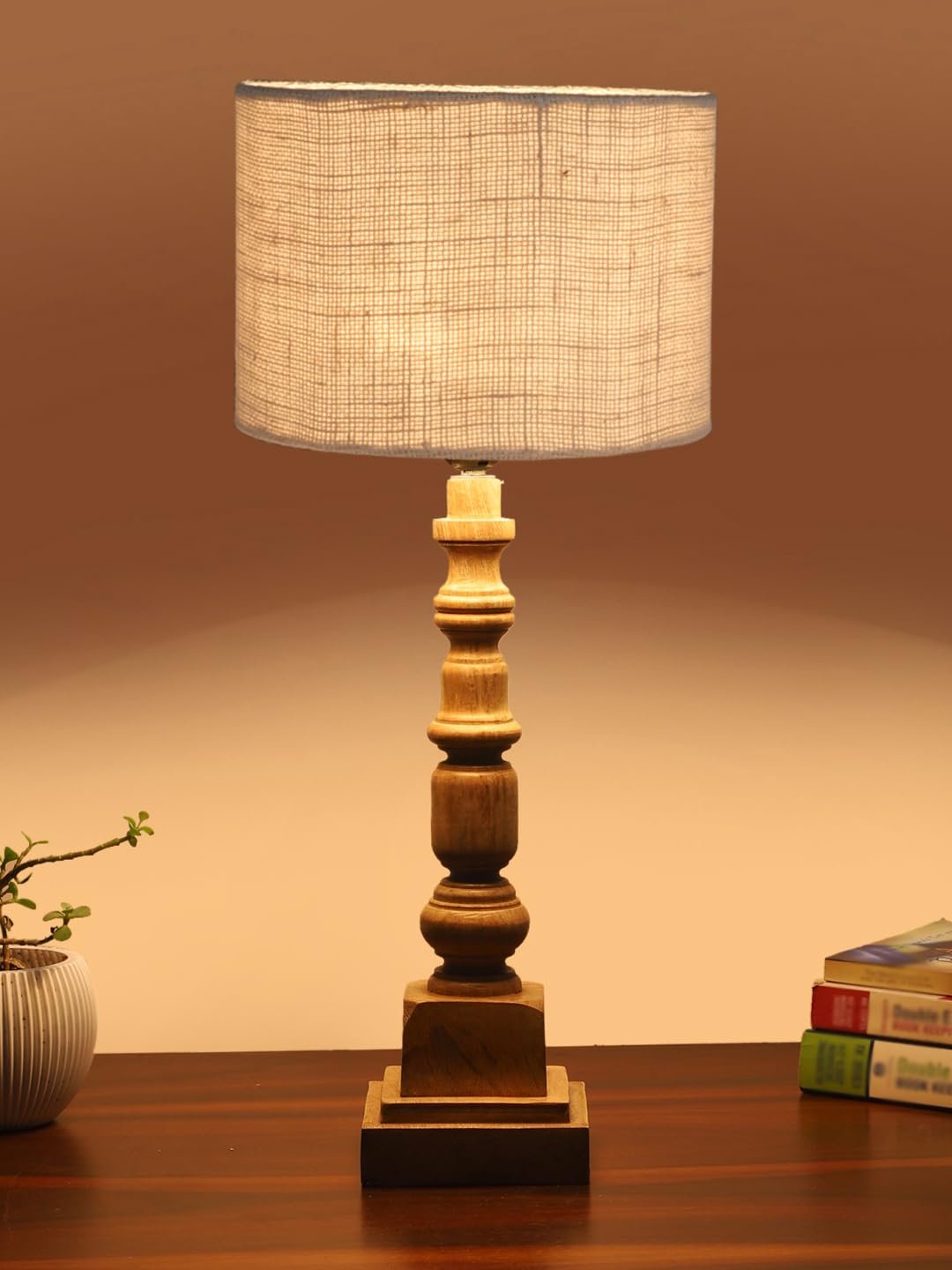 White Jute Table Lamp with Wooden Natural Base - Height 21.25 Inches/Without Bulb | for Living Room, Bedroom Decoration, Home Decor, Gifting | Decorative Bedside & Desk Table Lamp
