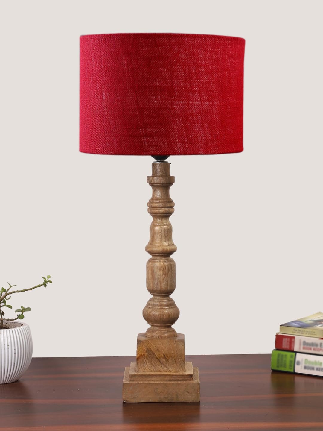Maroon Jute Table Lamp with Wooden Natural Base - Height 21.25 Inches/Without Bulb | for Living Room, Bedroom Decoration, Home Decor, Gifting | Decorative Bedside & Desk Table Lamp