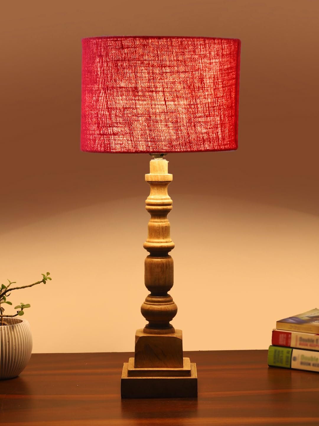 Maroon Jute Table Lamp with Wooden Natural Base - Height 21.25 Inches/Without Bulb | for Living Room, Bedroom Decoration, Home Decor, Gifting | Decorative Bedside & Desk Table Lamp