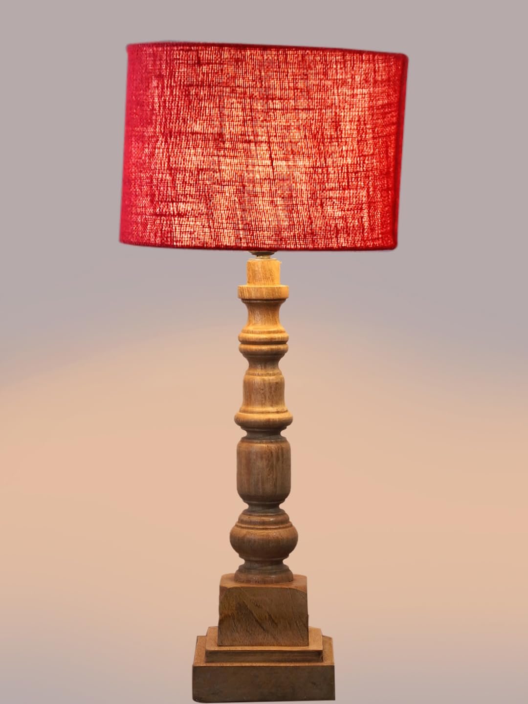Maroon Jute Table Lamp with Wooden Natural Base - Height 21.25 Inches/Without Bulb | for Living Room, Bedroom Decoration, Home Decor, Gifting | Decorative Bedside & Desk Table Lamp