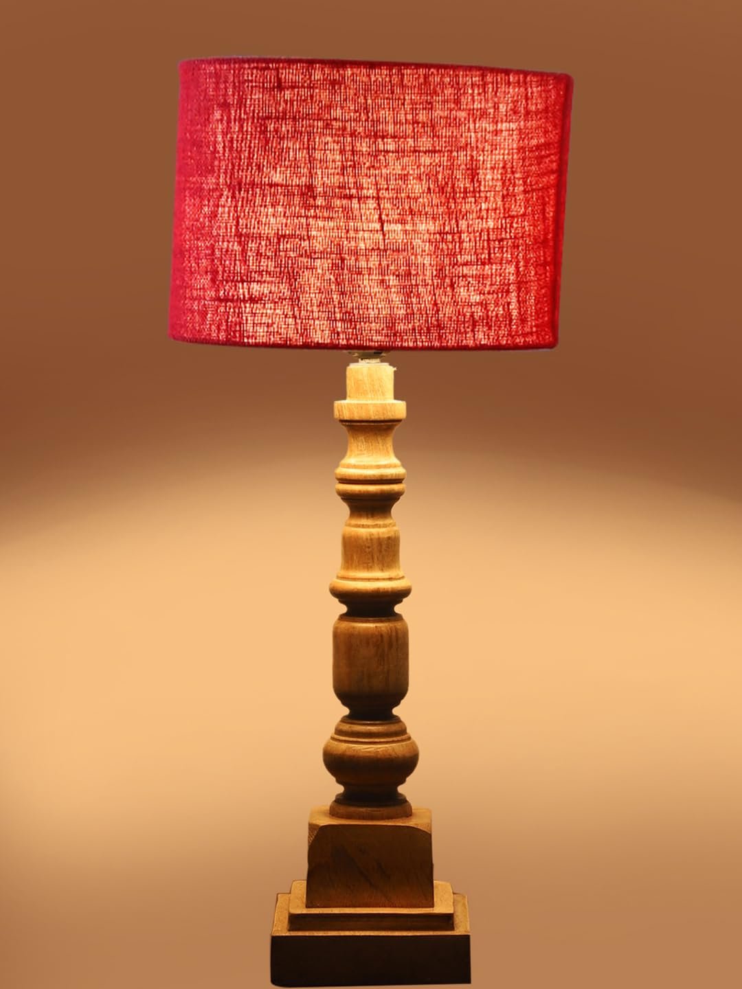Maroon Jute Table Lamp with Wooden Natural Base - Height 21.25 Inches/Without Bulb | for Living Room, Bedroom Decoration, Home Decor, Gifting | Decorative Bedside & Desk Table Lamp