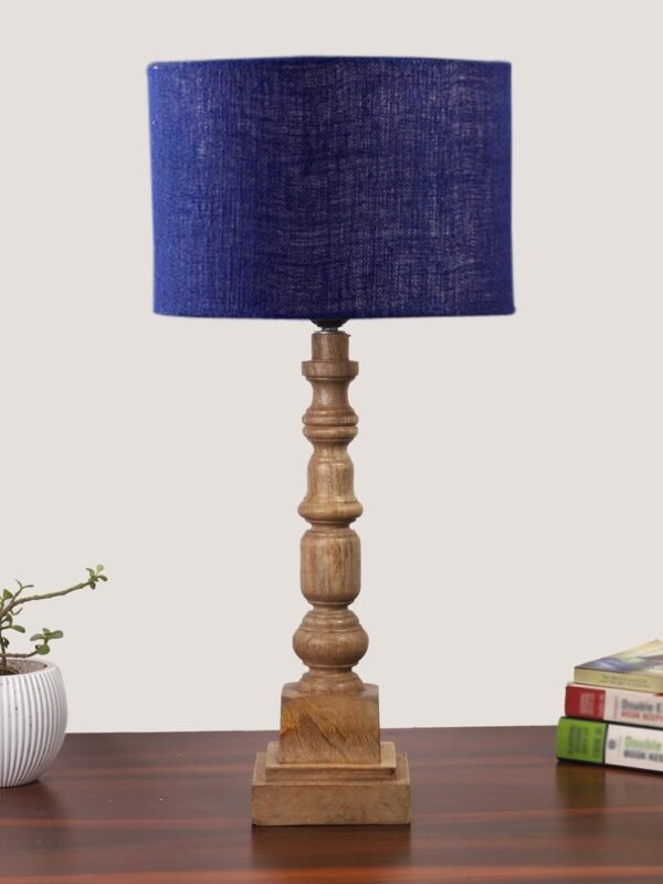 Blue Jute Table Lamp with Wooden Natural Base – Height 21.25 Inches/Without Bulb | for Living Room, Bedroom Decoration, Home Decor, Gifting | Decorative Bedside & Desk Table Lamp