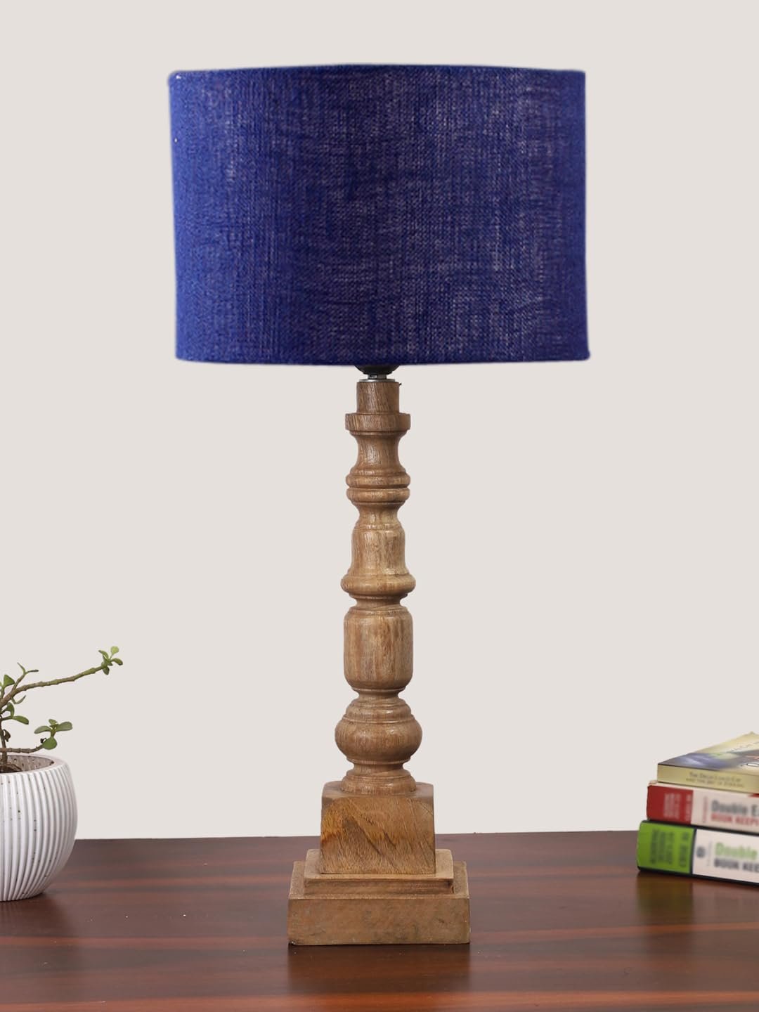 Blue Jute Table Lamp with Wooden Natural Base - Height 21.25 Inches/Without Bulb | for Living Room, Bedroom Decoration, Home Decor, Gifting | Decorative Bedside & Desk Table Lamp