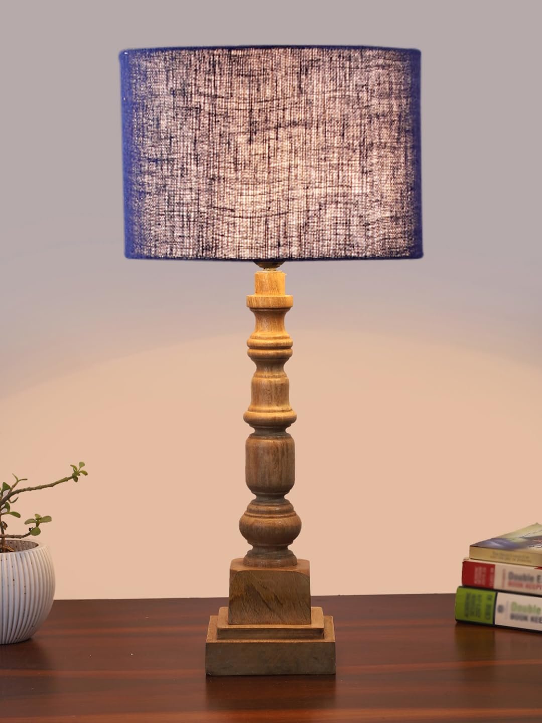 Blue Jute Table Lamp with Wooden Natural Base - Height 21.25 Inches/Without Bulb | for Living Room, Bedroom Decoration, Home Decor, Gifting | Decorative Bedside & Desk Table Lamp