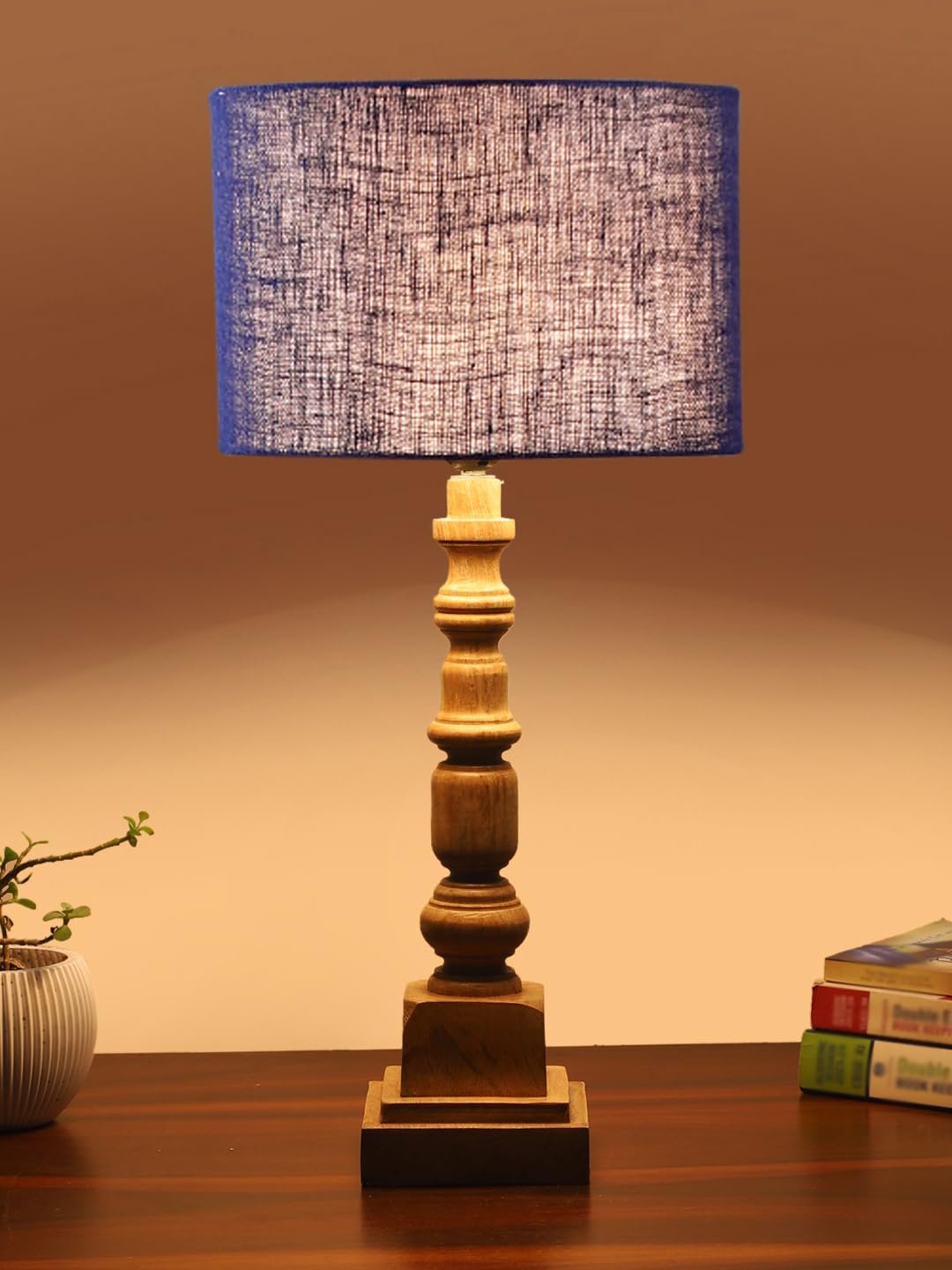 Blue Jute Table Lamp with Wooden Natural Base - Height 21.25 Inches/Without Bulb | for Living Room, Bedroom Decoration, Home Decor, Gifting | Decorative Bedside & Desk Table Lamp