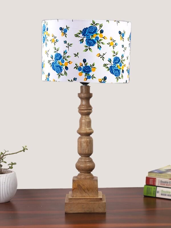 Blue Vintage Floral Cotton Shade Table Lamp with Wooden Natural Base – Height 21.25 Inches/Without Bulb | for Living Room, Bedroom, Home Decor, Gift | Decorative Bedside & Desk Table Lamp