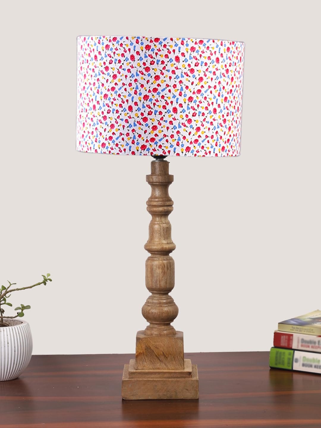 Floral Print Cotton Shade Table Lamp with Wooden Natural Base - Height 21.25 Inches/Without Bulb | for Living Room, Bedroom Decoration, Home Decor, Gift | Decorative Bedside & Desk Table Lamp