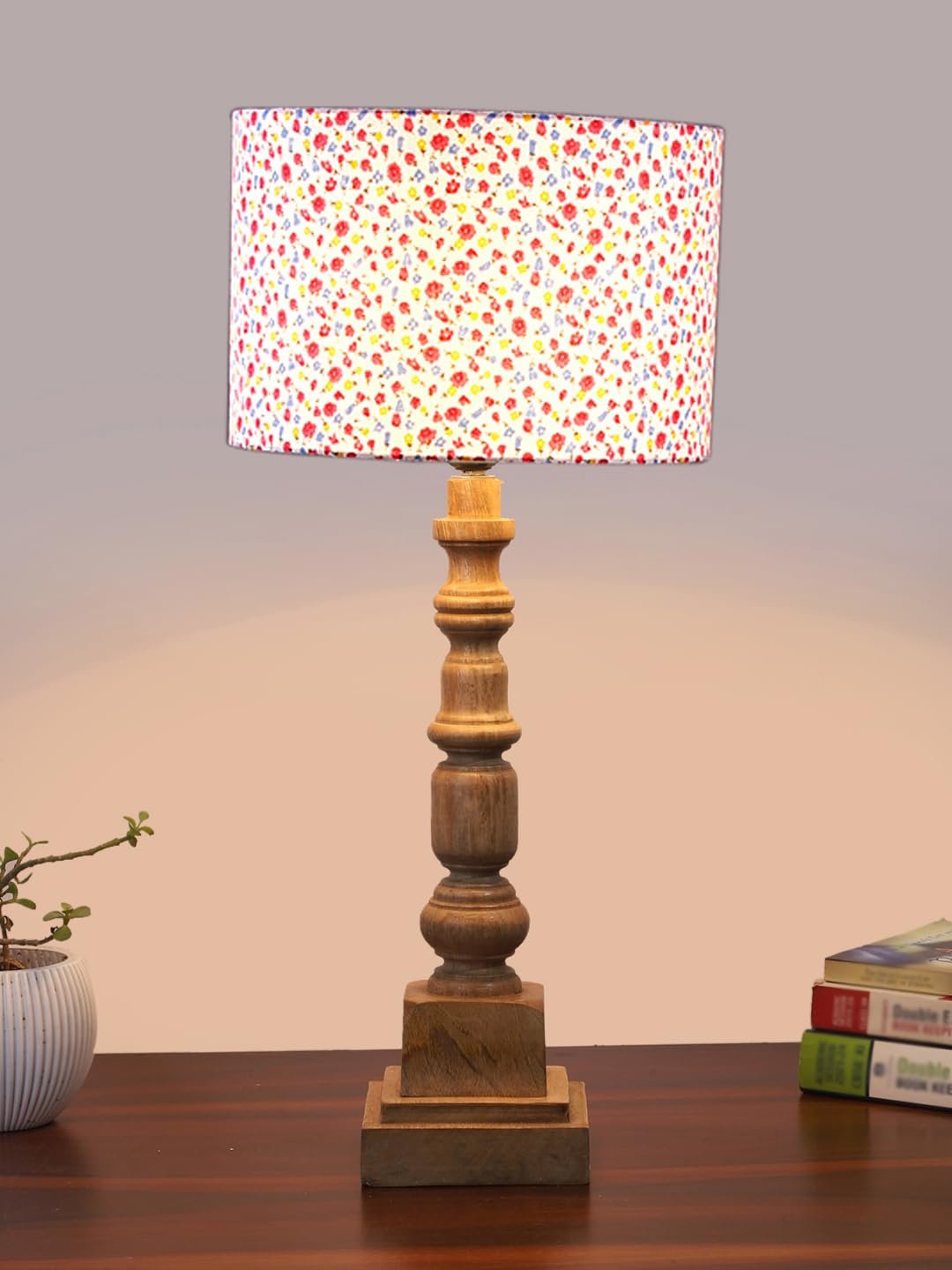 Floral Print Cotton Shade Table Lamp with Wooden Natural Base - Height 21.25 Inches/Without Bulb | for Living Room, Bedroom Decoration, Home Decor, Gift | Decorative Bedside & Desk Table Lamp