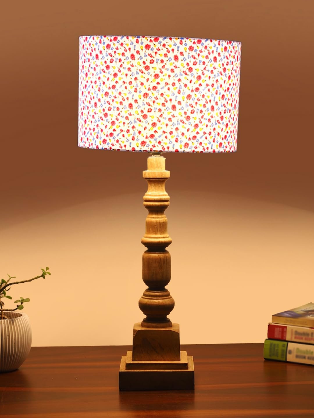Floral Print Cotton Shade Table Lamp with Wooden Natural Base - Height 21.25 Inches/Without Bulb | for Living Room, Bedroom Decoration, Home Decor, Gift | Decorative Bedside & Desk Table Lamp