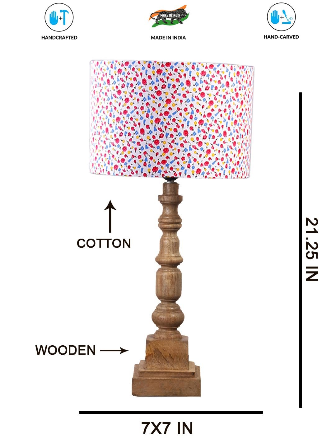 Floral Print Cotton Shade Table Lamp with Wooden Natural Base - Height 21.25 Inches/Without Bulb | for Living Room, Bedroom Decoration, Home Decor, Gift | Decorative Bedside & Desk Table Lamp