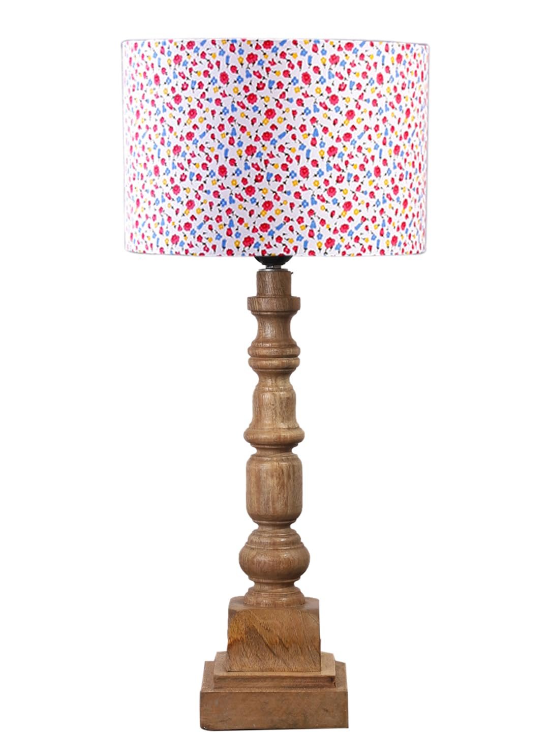Floral Print Cotton Shade Table Lamp with Wooden Natural Base - Height 21.25 Inches/Without Bulb | for Living Room, Bedroom Decoration, Home Decor, Gift | Decorative Bedside & Desk Table Lamp