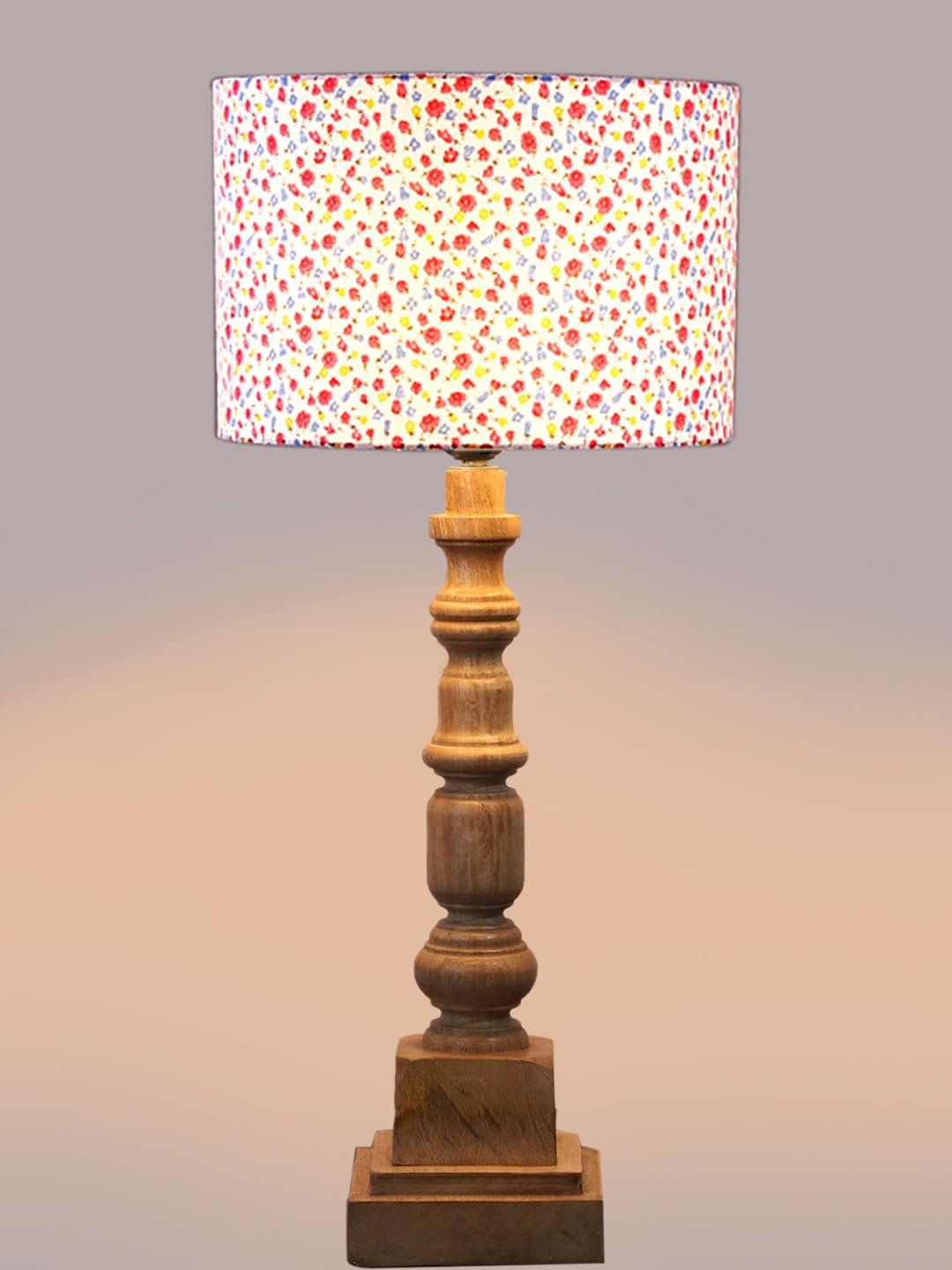Floral Print Cotton Shade Table Lamp with Wooden Natural Base - Height 21.25 Inches/Without Bulb | for Living Room, Bedroom Decoration, Home Decor, Gift | Decorative Bedside & Desk Table Lamp