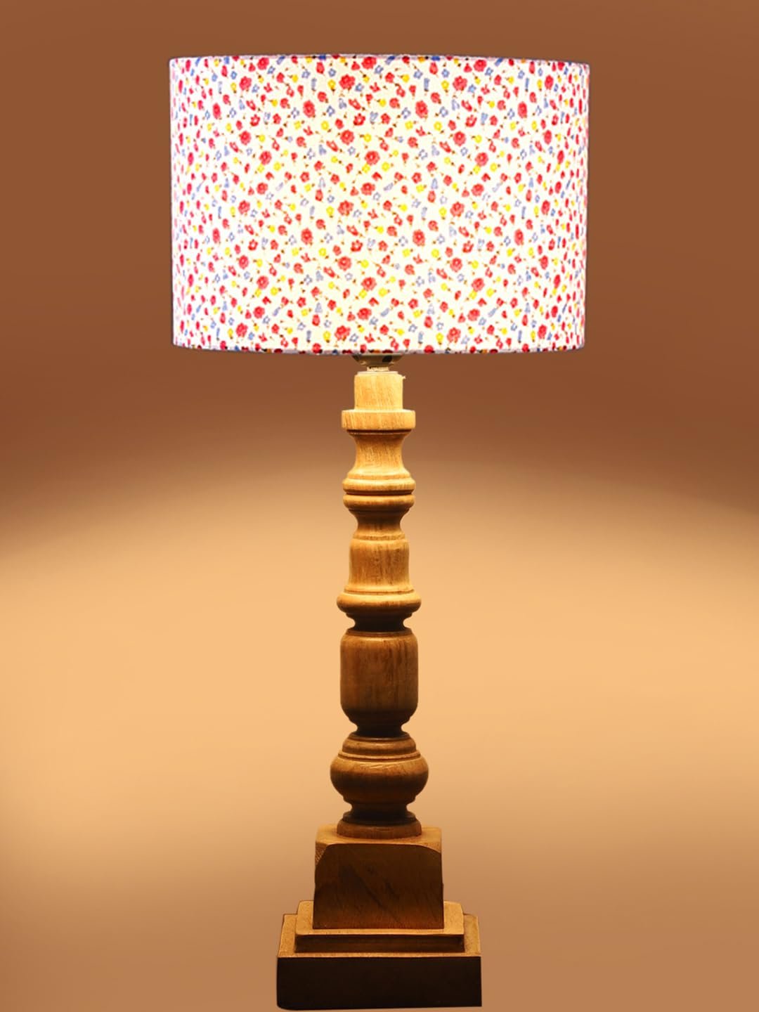 Floral Print Cotton Shade Table Lamp with Wooden Natural Base - Height 21.25 Inches/Without Bulb | for Living Room, Bedroom Decoration, Home Decor, Gift | Decorative Bedside & Desk Table Lamp